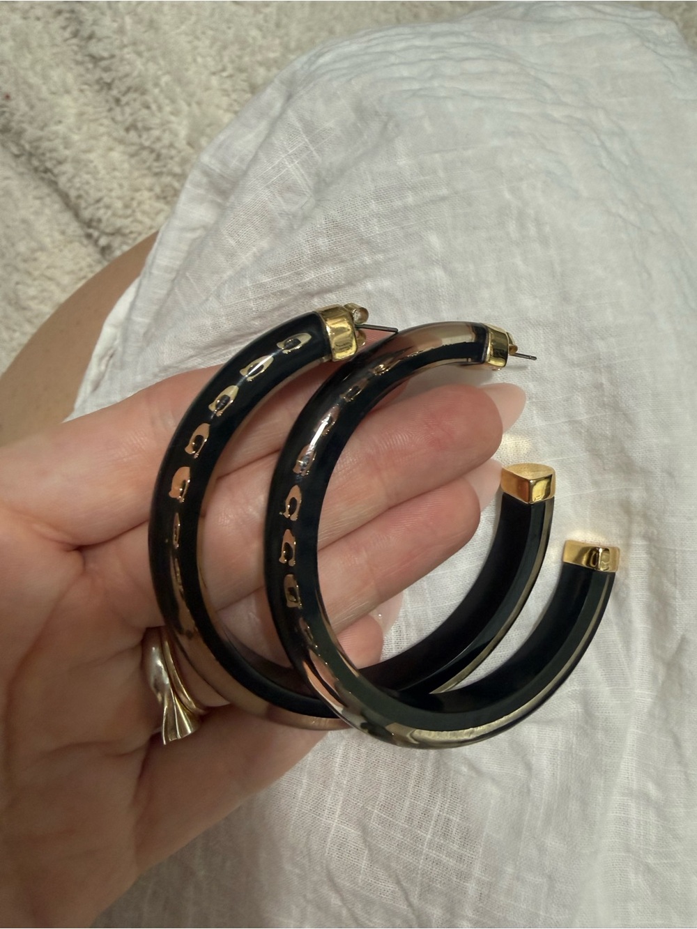Coach Black and Gold Resin Signature Hoop Earrings - Picture 4 of 6